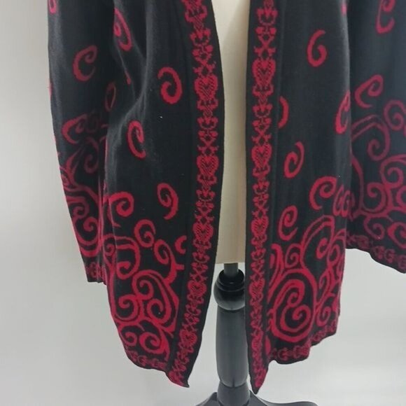 Christopher & Banks Cardigan Sweater Black Red Knit Swirl Pattern Womens Size L - Picture 3 of 7